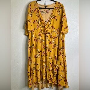 Torrid Mustard Yellow Ruffle Trim Floral Challis Faux Wrap Dress Sz 4X Whimsical